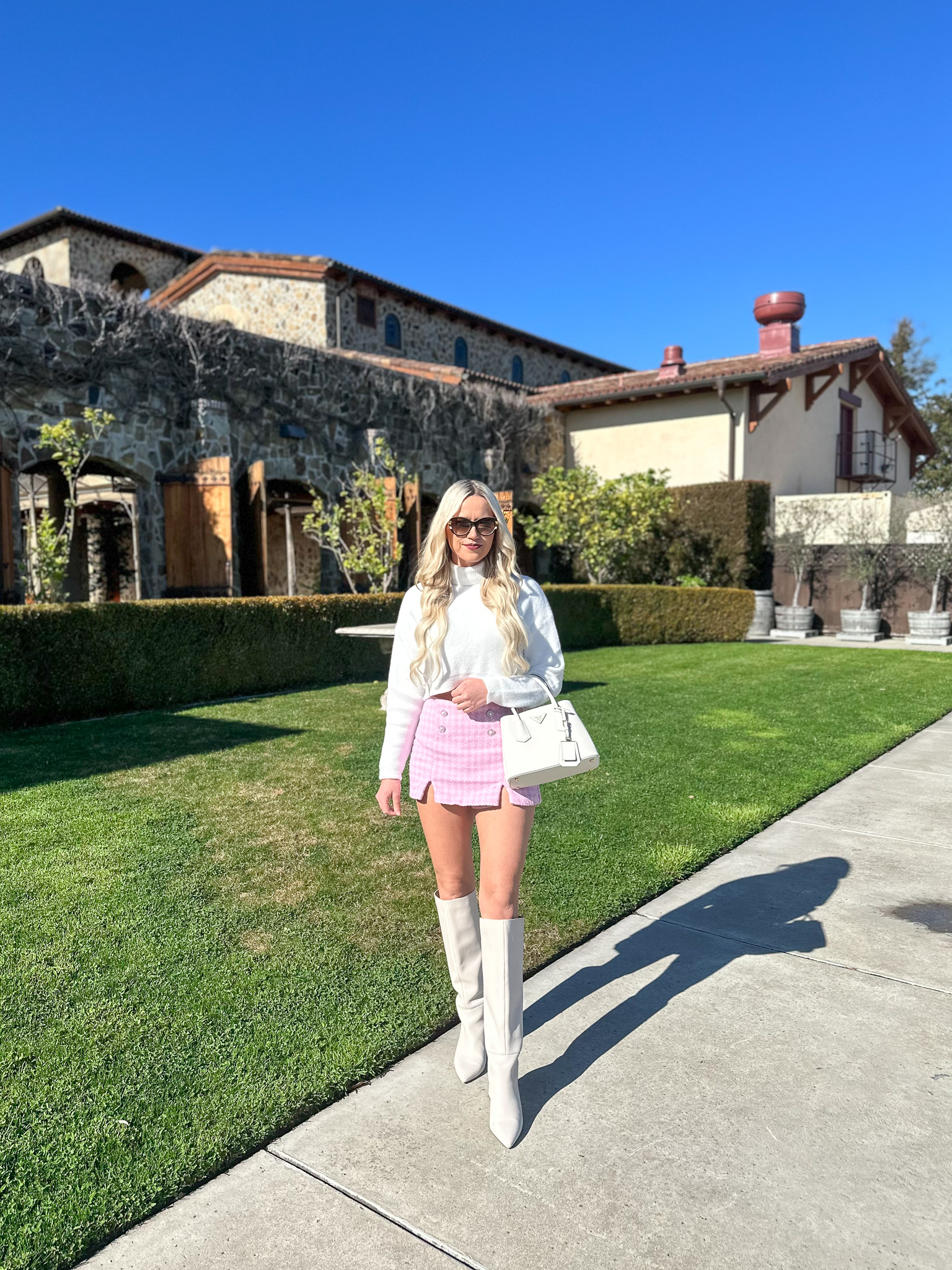 Pink Plaid mini skirt and cropped white sweater